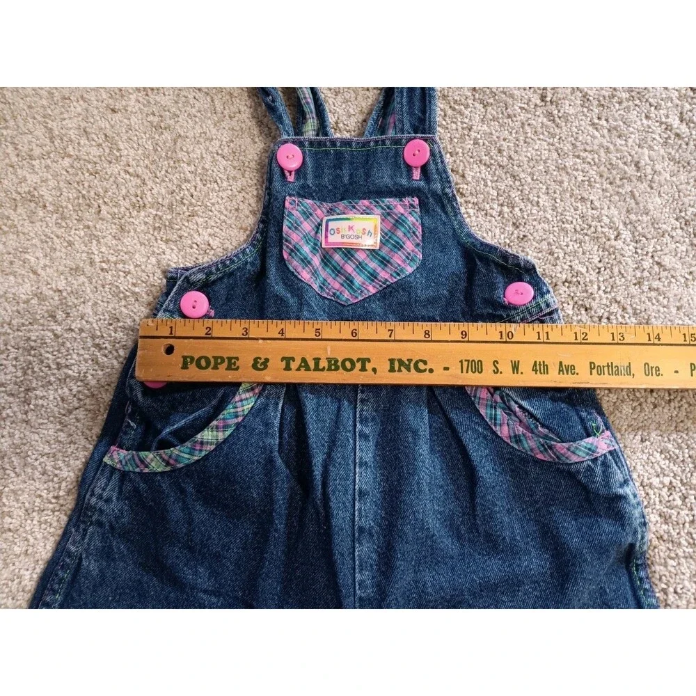 Vintage OshKosh B'Gosh Girls Vestbak Sz 6X Denim Overalls USA Patches Plaid Pink